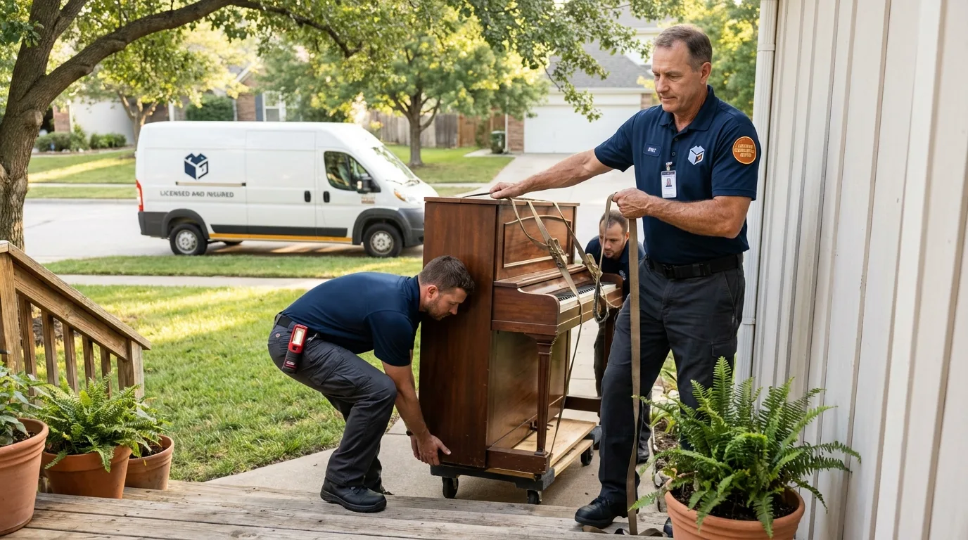 Licensed piano movers securing grand piano in Ellettsville, IN