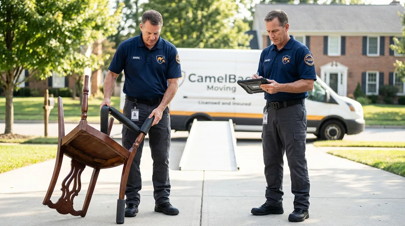 Movers inspecting furniture for damage prevention before loading in Ellettsville, IN