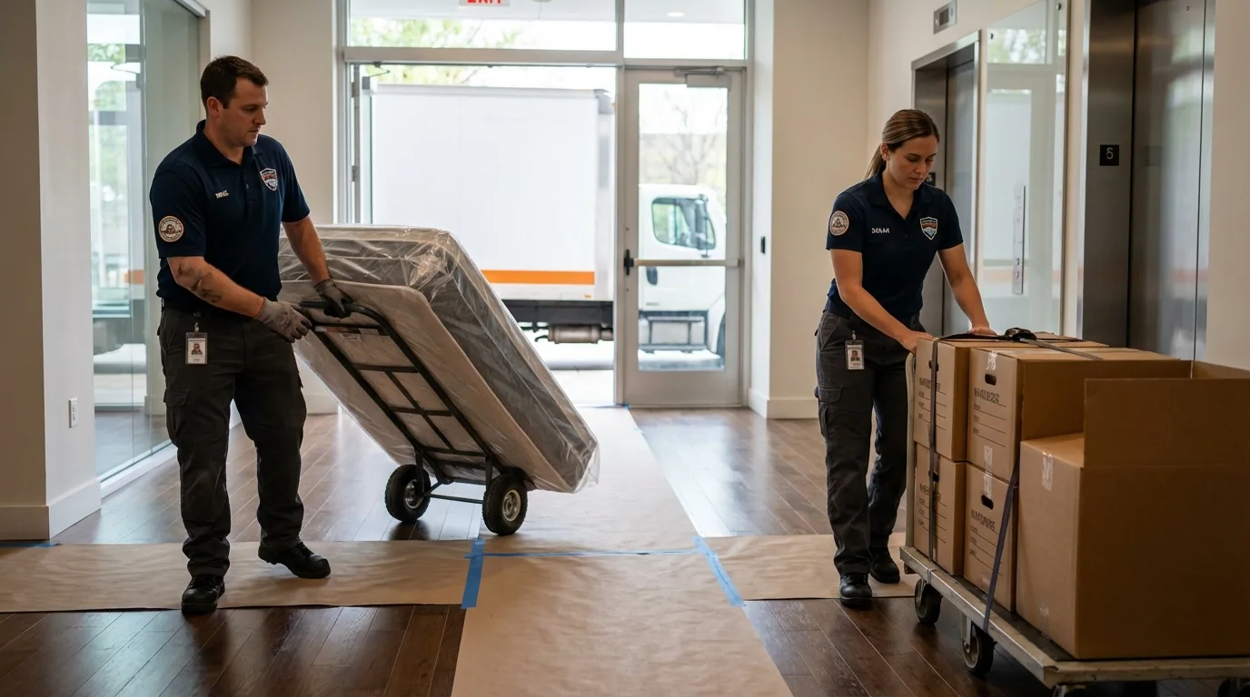 Professional apartment movers loading elevator in Ellettsville, IN