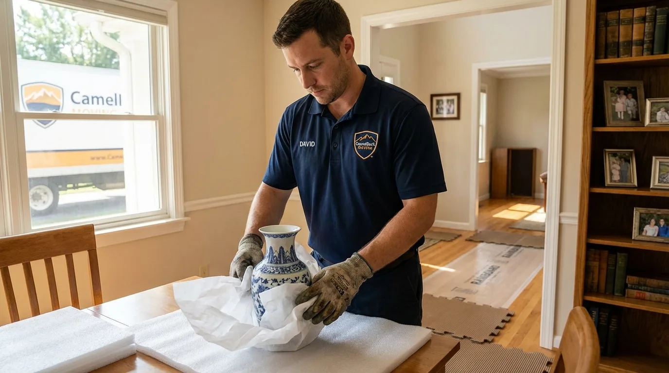 Professional crew carefully wrapping antique vase for senior downsizing move in Ellettsville, IN