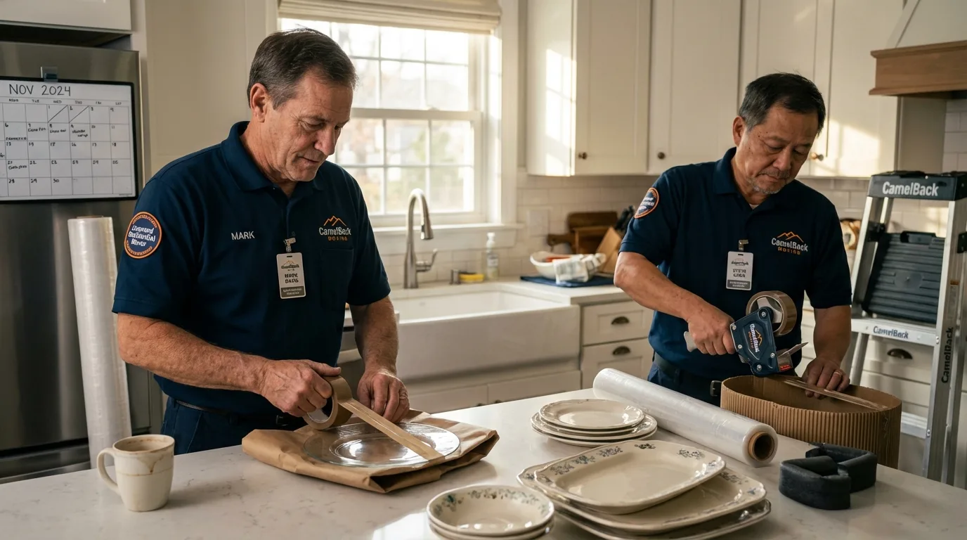 Professional crew packing kitchen dishware in Ellettsville, IN